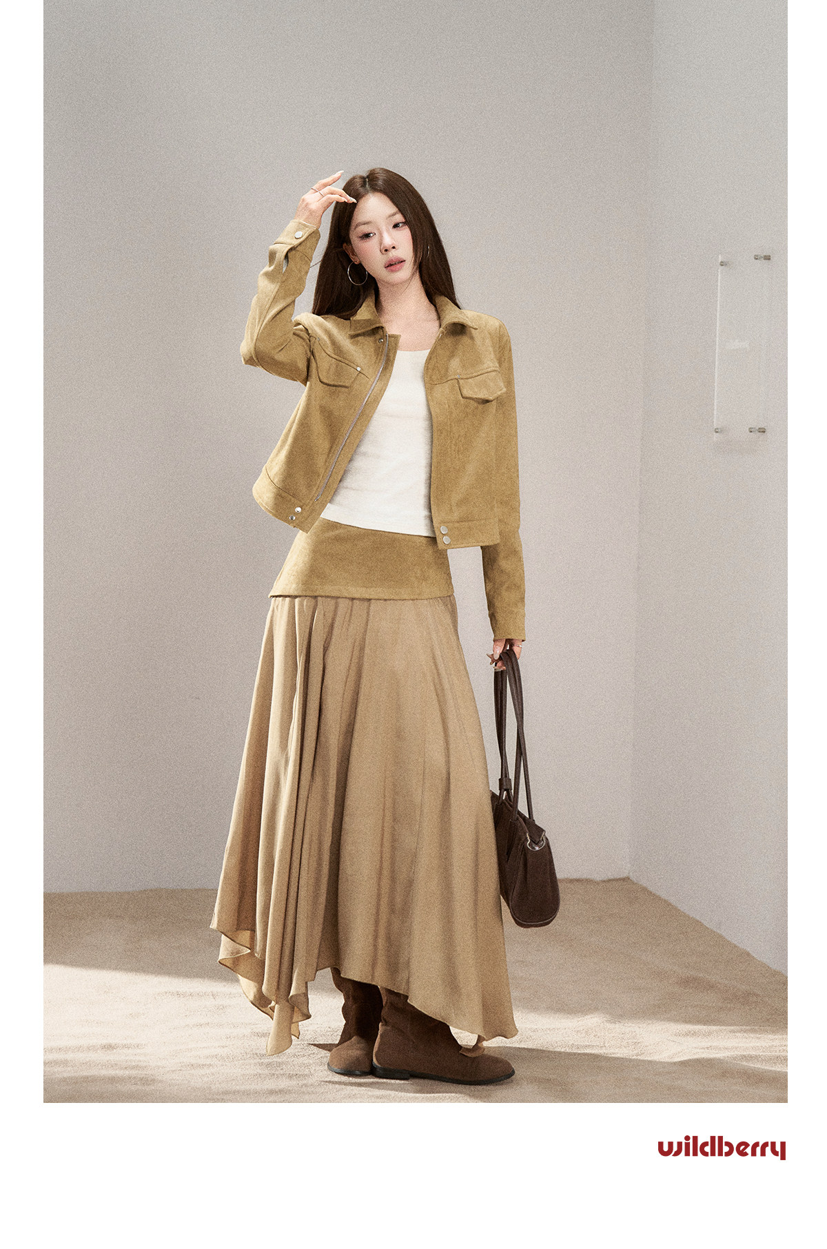 Wildberry Khaki Asymmetrical High-Waist Midi Skirt