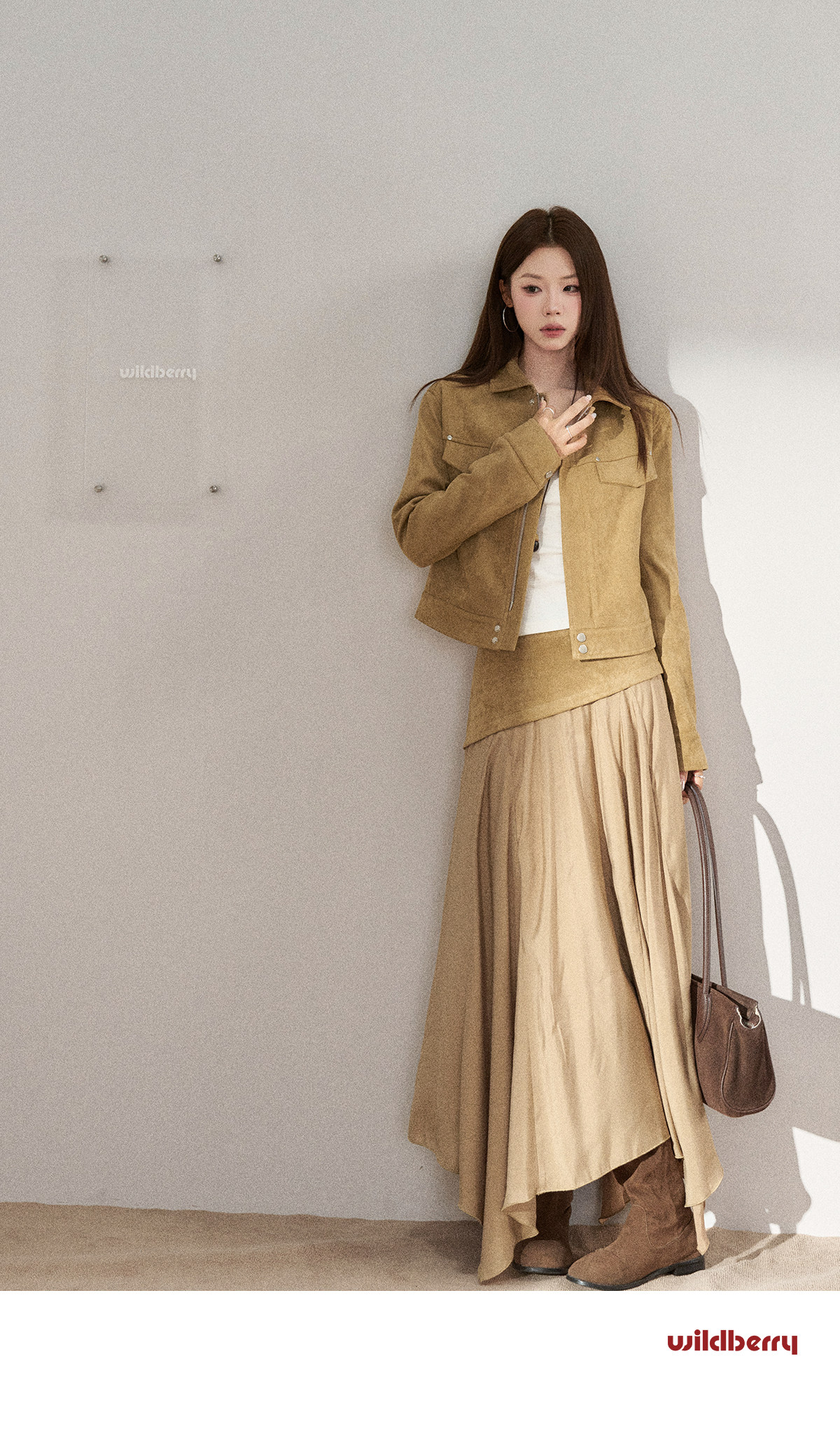 Wildberry Khaki Asymmetrical High-Waist Midi Skirt