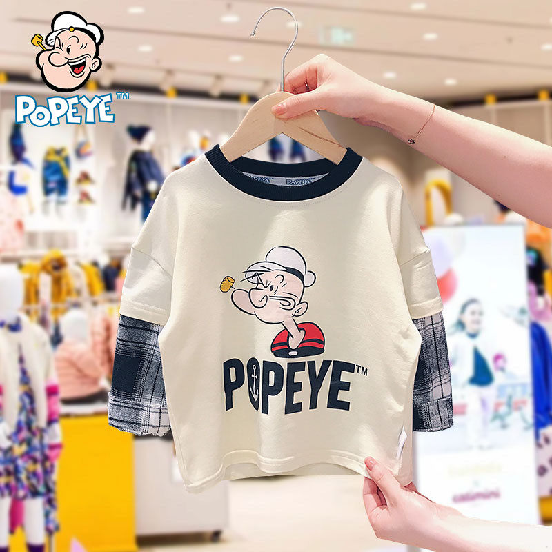 Popeye POPEYE boys and girls fake two-piece sweater children's 2022 autumn new long-sleeved T-shirt Western style