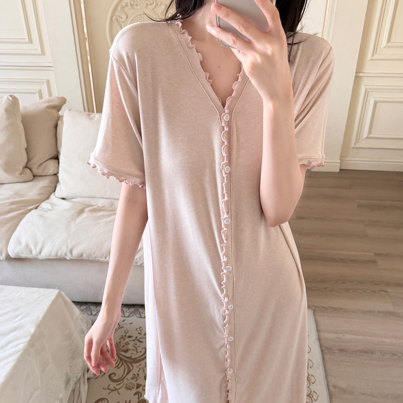 Summer Nightgown for Women, Modal Ruffled V-Neck Short-Sleeve Loose Thin Cardigan Button-Up Long Dress, Summer Lazy Sleepwear Summer Nightgown for Women, Modal Ruffled V-Neck Short-Sleeve Loose Thin Cardigan Button-Up Long Dress, Summer Lazy Sleepwear