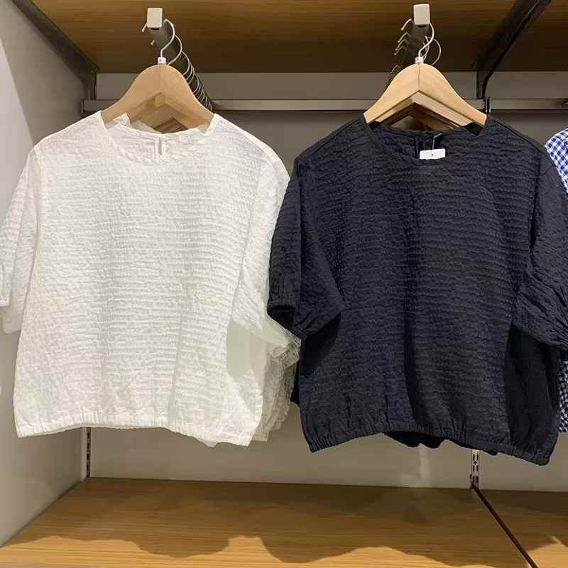 Youu New Spring/Summer Women's Clothing Seersucker Loose Shirt T-Shirt Plaid Short Sleeve Shirt Top 476775/475677