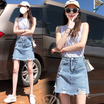 2022 New Denim Dress Short Skirt Woman Summer High Waist Breaking Hole Half Body Dress Slim Fit Hip A Character Skirt Open Fork Long Skirt