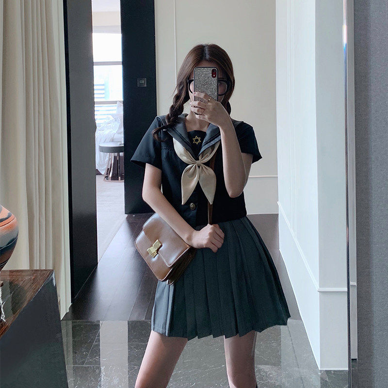 JK uniform dress genuine girl Japanese sailor dress college wind student gray fold dress suit female summer