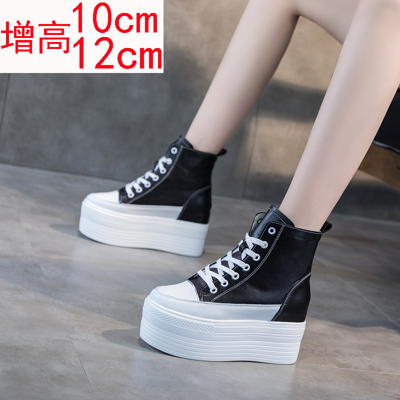 Martin boots women autumn winter plus plus plus 10cm small leather genuine leather 12 cm thick-soled muffin inner heel short boots