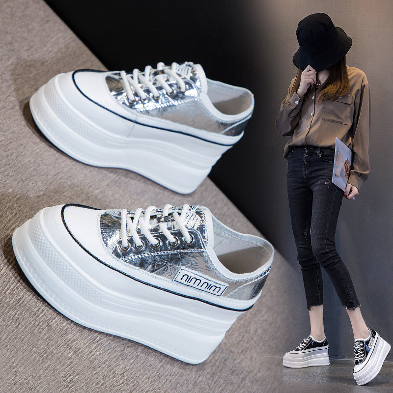 New small white shoes thick bottom 8cm cm 100 lap Nets heightening women's shoes thick bottom spring small sub-pine pastry shoes ins