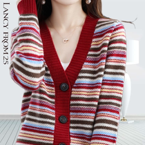 Langzi womens clothing 2022 autumn and winter domestic new fashion striped knitted sweater loose wool cardigan coat