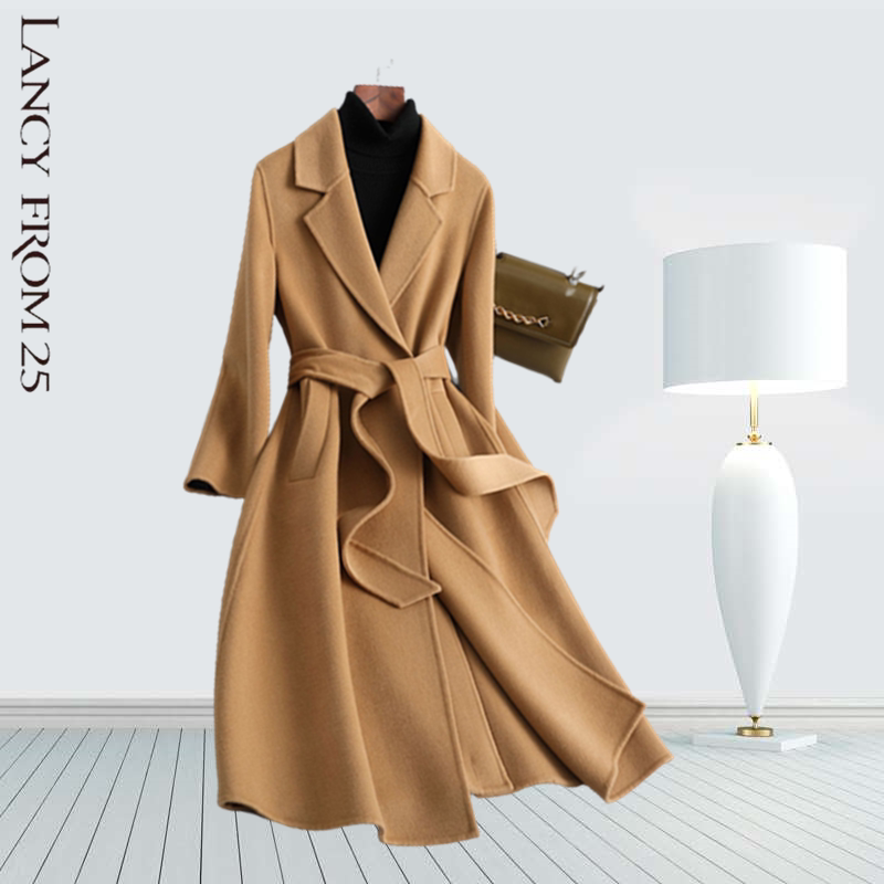 Langzi 2022 autumn and winter domestic new double-sided cashmere coat mid-length slim knee-length woolen coat