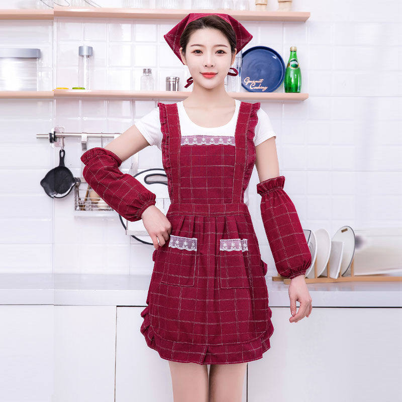 Double waterproof apron suit cotton fabric Home Kitchen Cooking Dining Room Work Han Edition Fashion Nets Red oil cover clothes