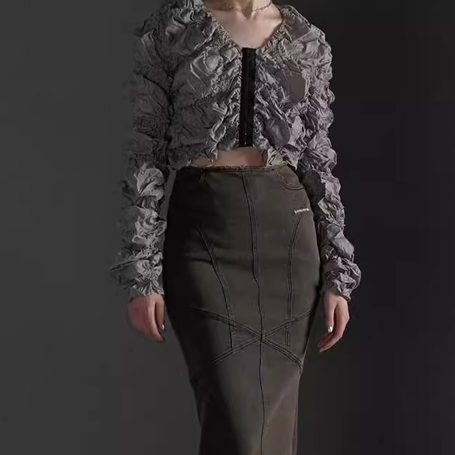 Pr@Nk Project Pleated Bolero Floral Shirt Handmade Wrinkle Complex Craftsmanship Wearable Front and Back