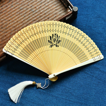 Central China Wind All Bamboo engraving hollowed-out small folding fan opening and closing smooth and smooth bifacial Japanese style and small hand-gown qipao matching