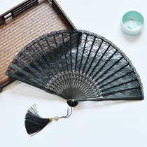 Black Lace Sexy Ancient Wind Small Folding Fan Qipao Hanfu Walk Show Days Style Classical Dance Photo Props Gifts