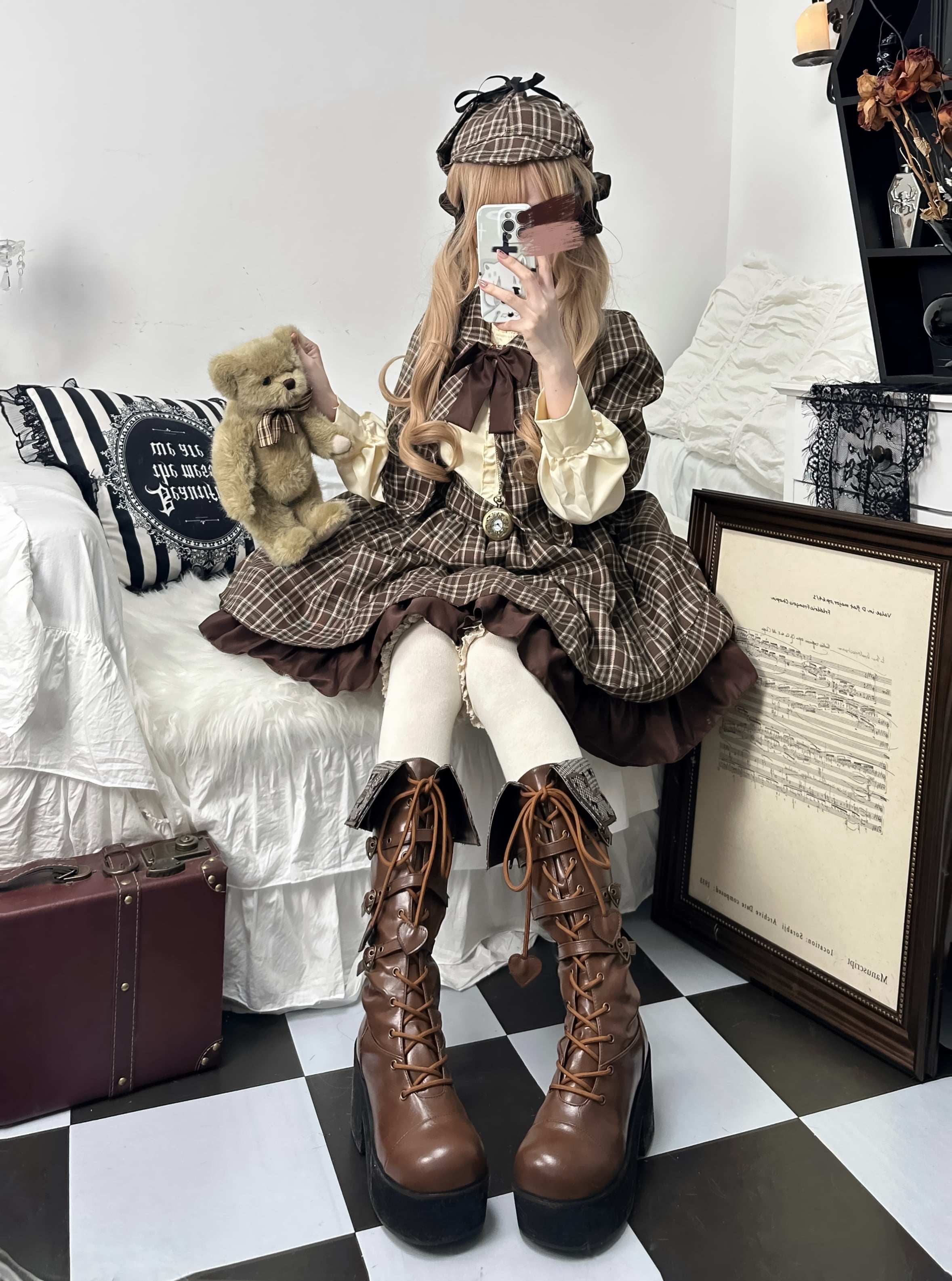 Обувь 定金|焦糖可可二团|白茶入梦原创蝴蝶结甜美高帮靴厚底圆头中长靴