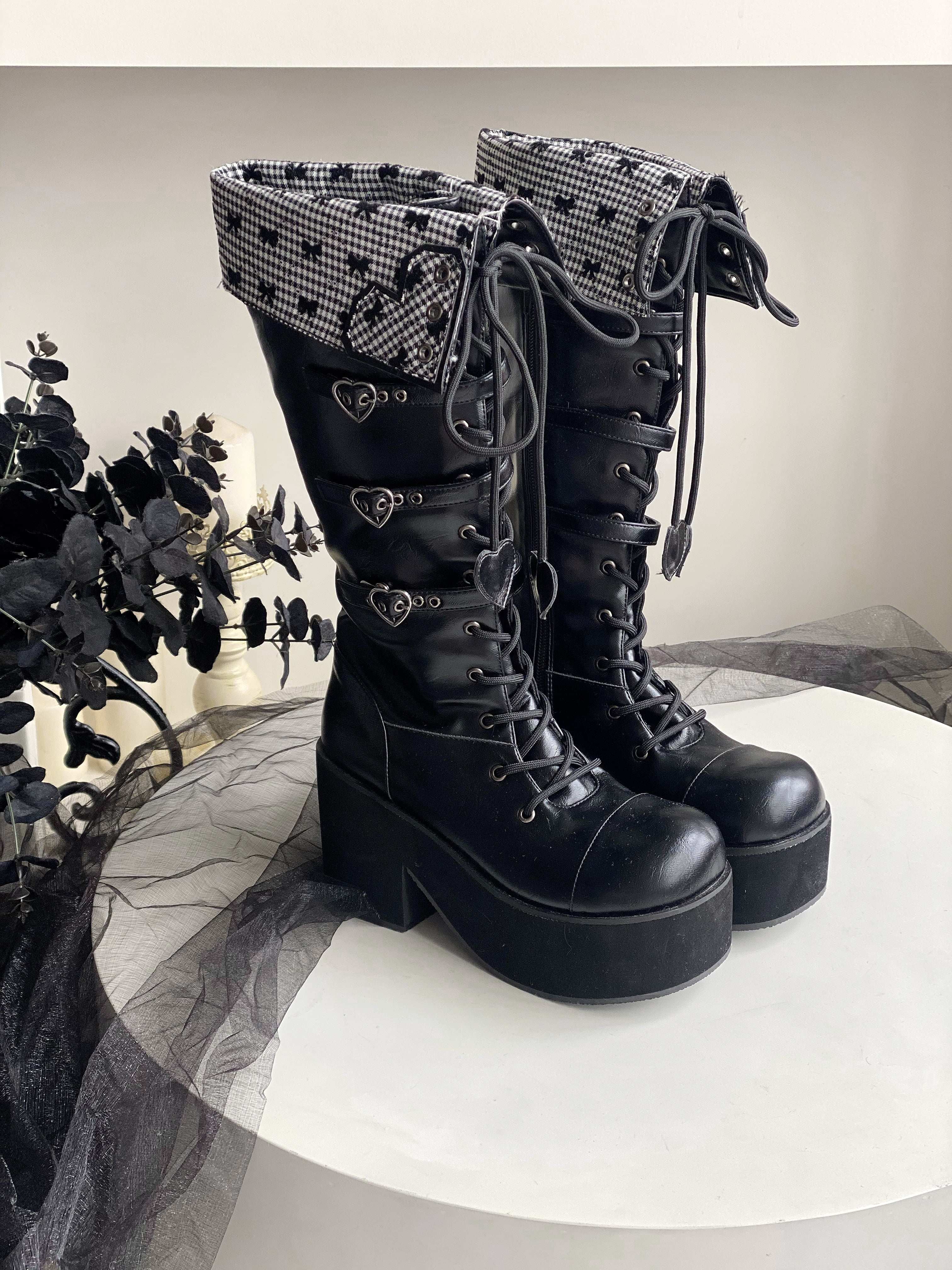 Обувь 定金|焦糖可可二团|白茶入梦原创蝴蝶结甜美高帮靴厚底圆头中长靴