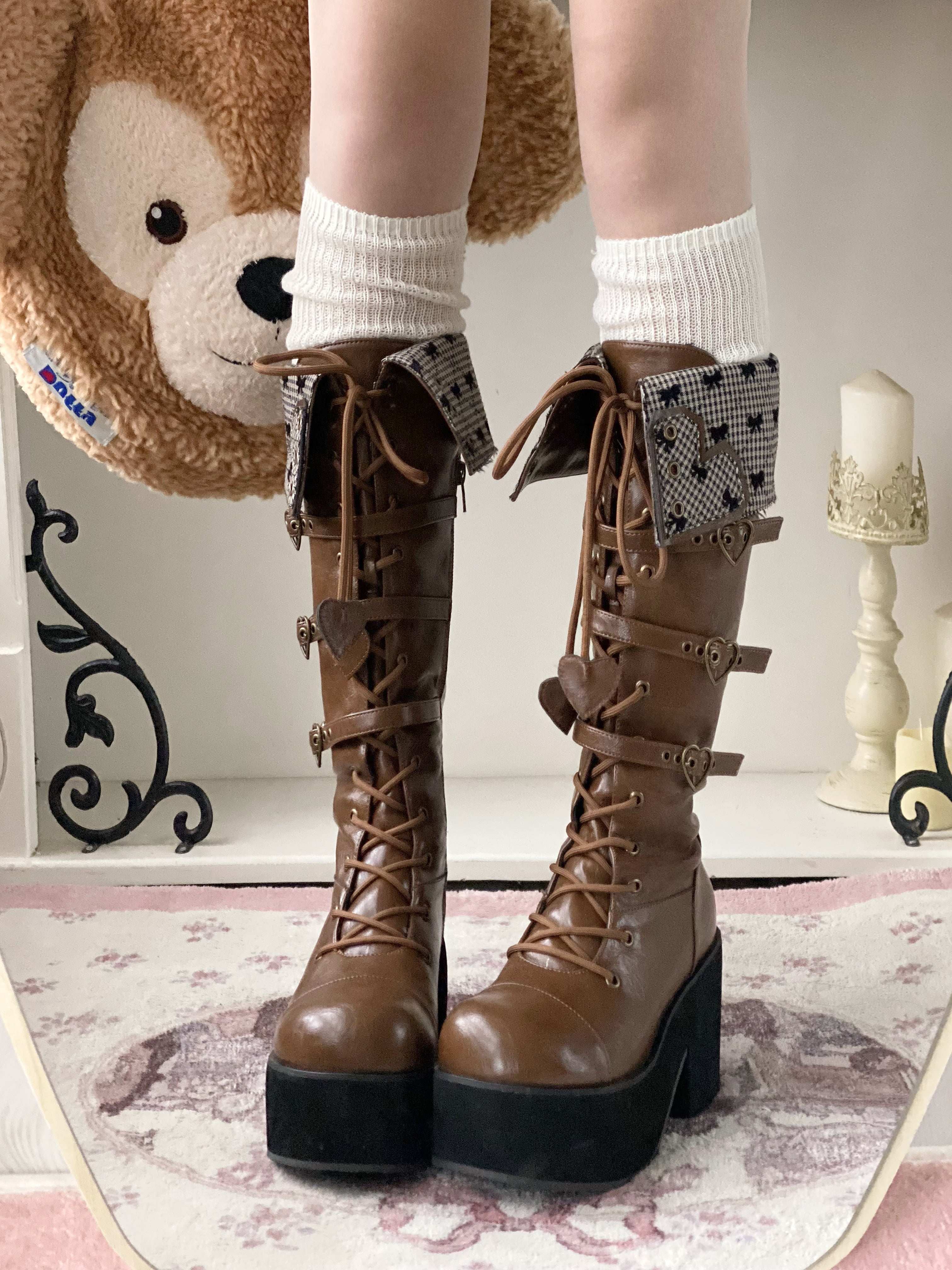 Обувь 定金|焦糖可可二团|白茶入梦原创蝴蝶结甜美高帮靴厚底圆头中长靴