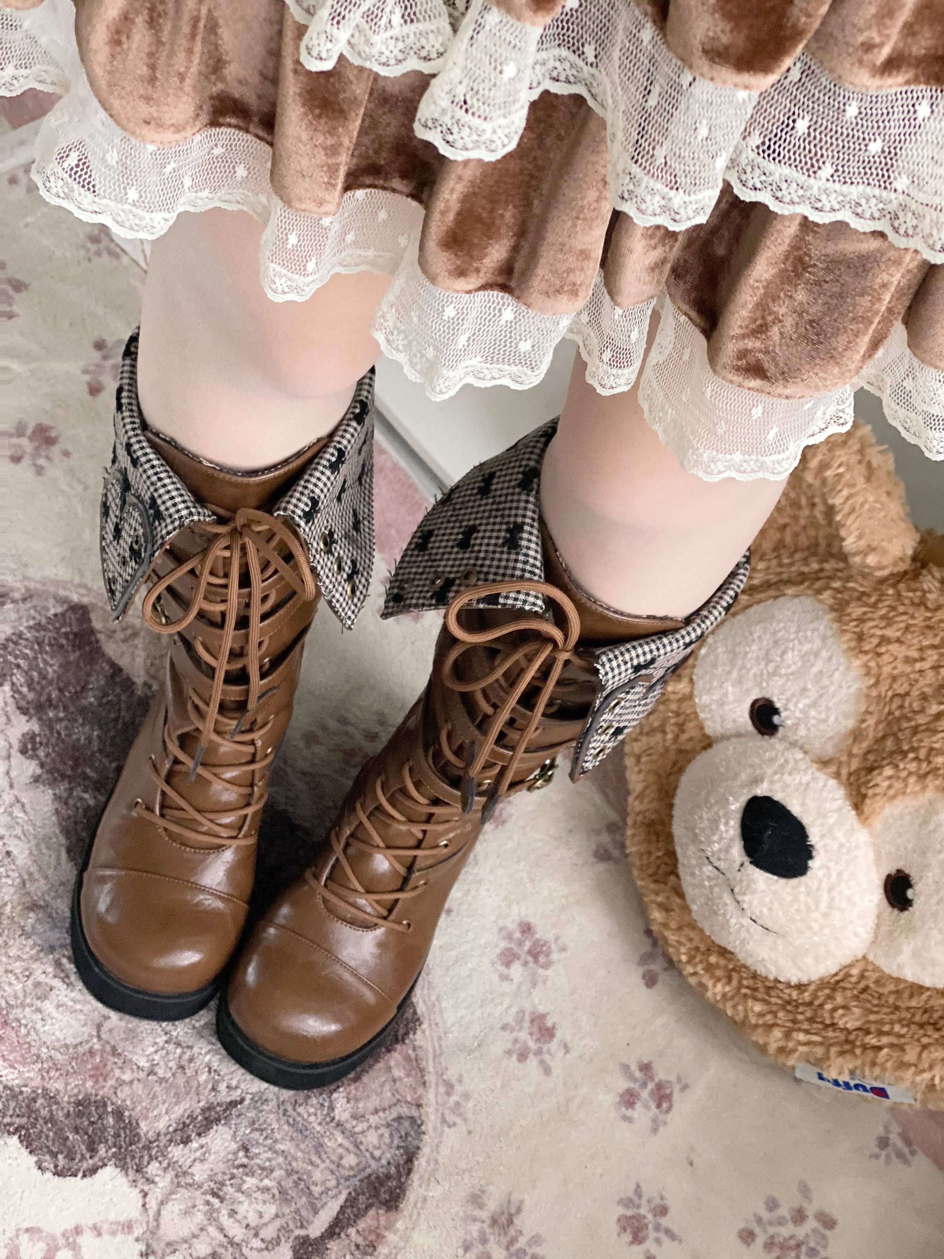 Обувь 定金|焦糖可可二团|白茶入梦原创蝴蝶结甜美高帮靴厚底圆头中长靴