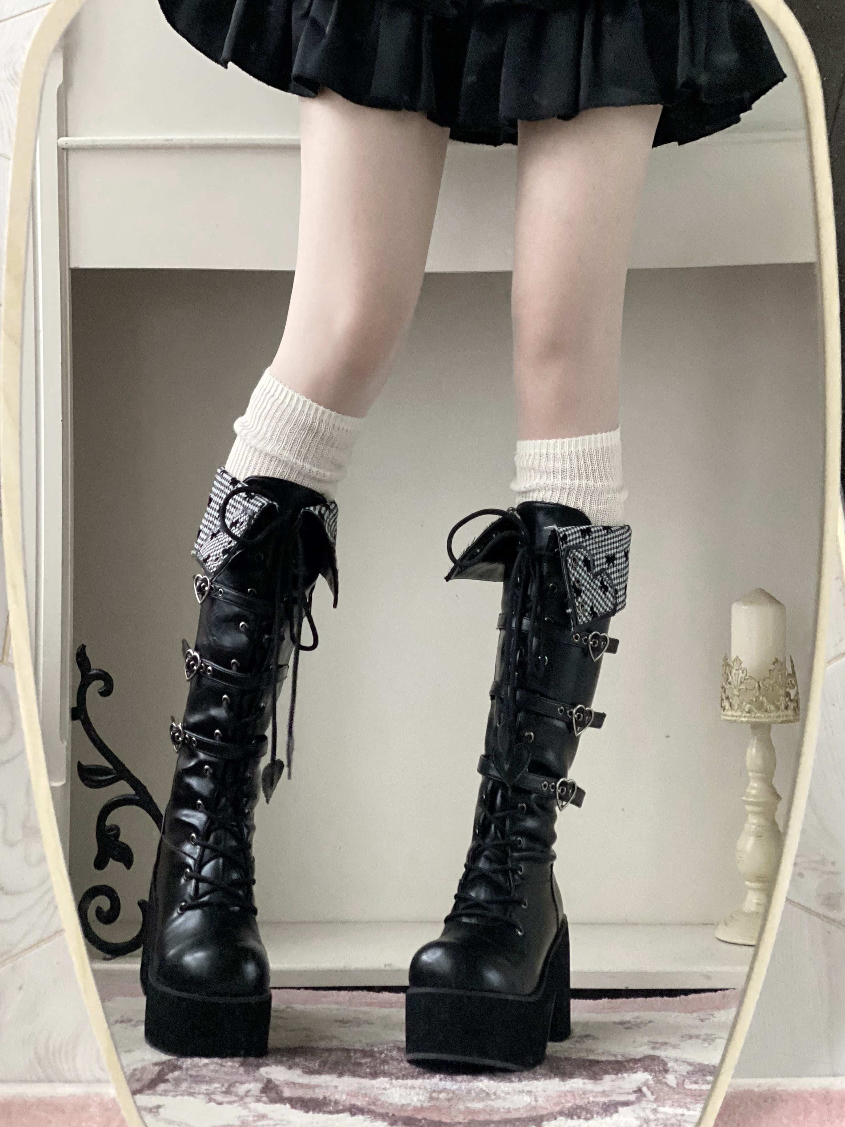 Обувь 定金|焦糖可可二团|白茶入梦原创蝴蝶结甜美高帮靴厚底圆头中长靴