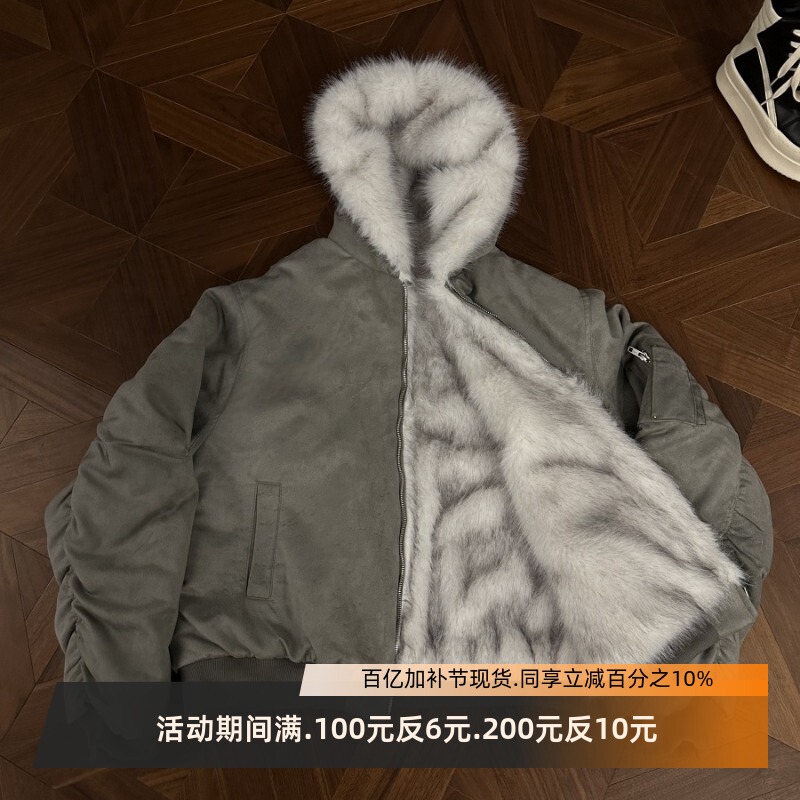 Rtimfd Reversible Mountain Carving Thickened Flight Jacket Cleanfit Heavy Suede Two-Way Fur Cotton Coat