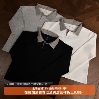 Houndstooth spliced ​​polo collar sweatshirt long-sleeved t-shirt