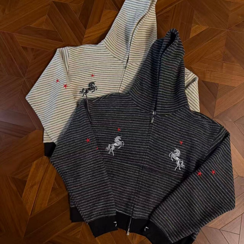 Rtimfd Five-Pointed Star Unicorn Embroidered Hooded Sweatshirt Rabbit Fur Striped Hoodie Cardigan Boxy Drop Shoulder Jacket