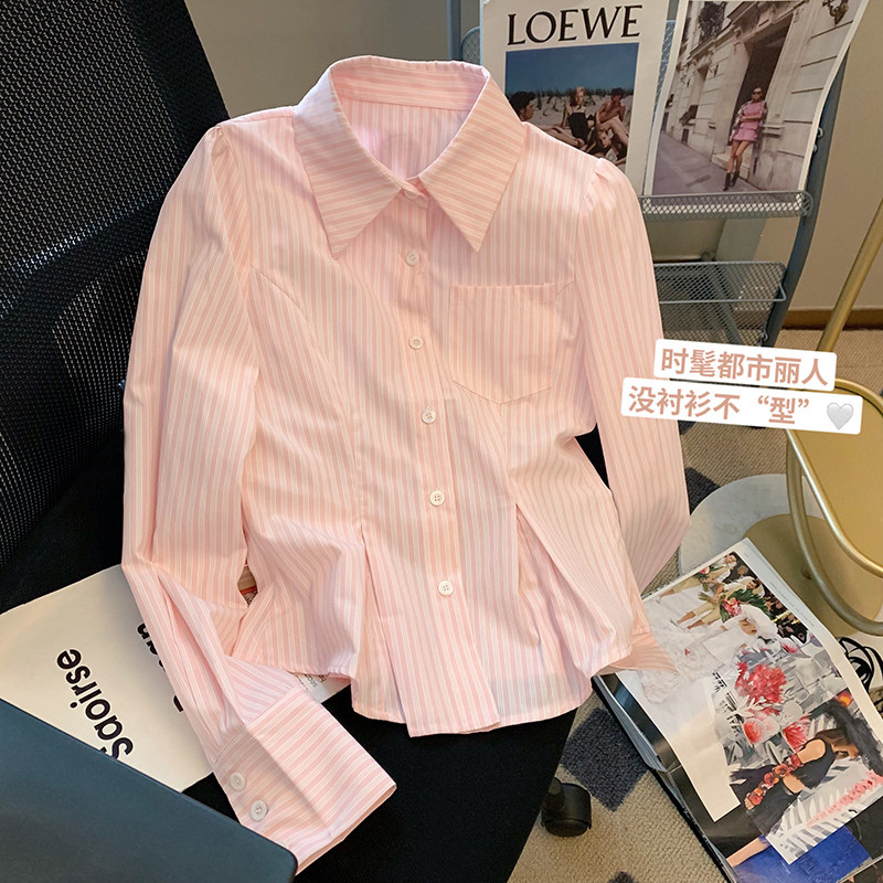 Pink Striped Polo Collar Shirt Woman Fall New Design Feeling sweet and spicy Wind collection waist lining slim fit long sleeve blouses-Taobao