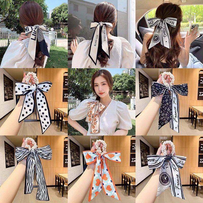 Pearl silk scarf hair with women tied hair nets red 2021 new French style zal hair ribbon headwear with floating band hair loops