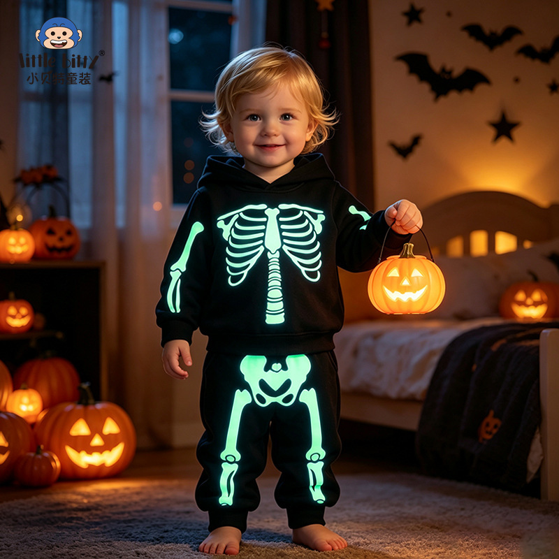 Halloween Luminous Skeleton Cross-Border Children's Hooded Sweatshirt Set Autumn and Winter Skeleton Luminous Two-Piece Set for Young Children Halloween Luminous Skeleton Cross-Border Children's Hooded Sweatshirt Set Autumn and Winter Skeleton Luminous Two-Piece Set for Young Children