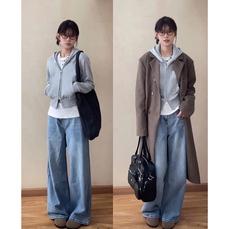 女性用グレーショートジッパーセータージャケット春秋コートインナーウェア春フード付きカーディガンスリムトップスウェア