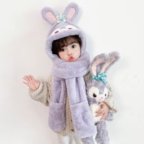 Scarf gloves one-piece hat baby girls neck scarf parent-child plus velvet ear protection hat pullover hat trendy winter childrens hat