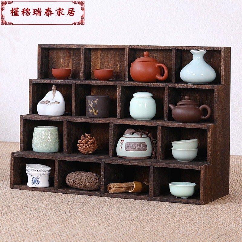 Desktop Solid Wood Containing Box Shelve Shelf Bogu Rack Tea Track Zero Fit Tea Cup Shelf Tea Cateer Tea Shed Cup of tea