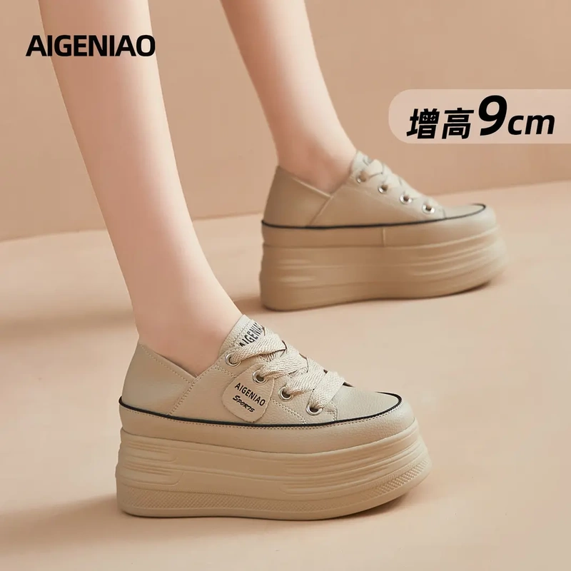 Aigene Women's Shoes Height-Increasing White Sneakers 2026 Spring New Style Thick-Soled 9cm Dual-Wear Sneakers Versatile Soft-Soled Women's Shoes