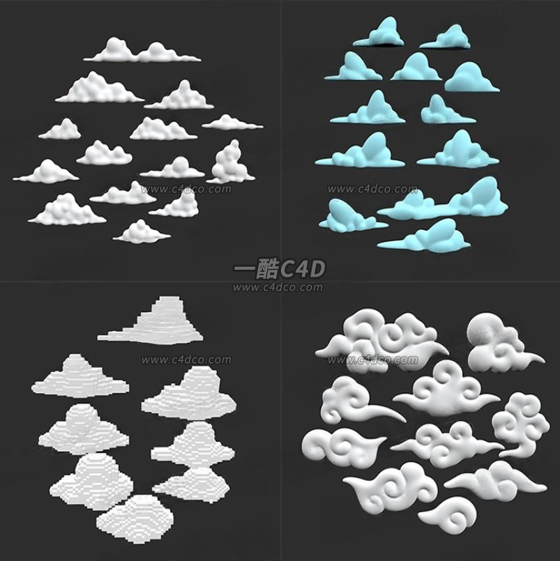 一酷C4D 卡通蓝天白云云彩祥云3D模型素材