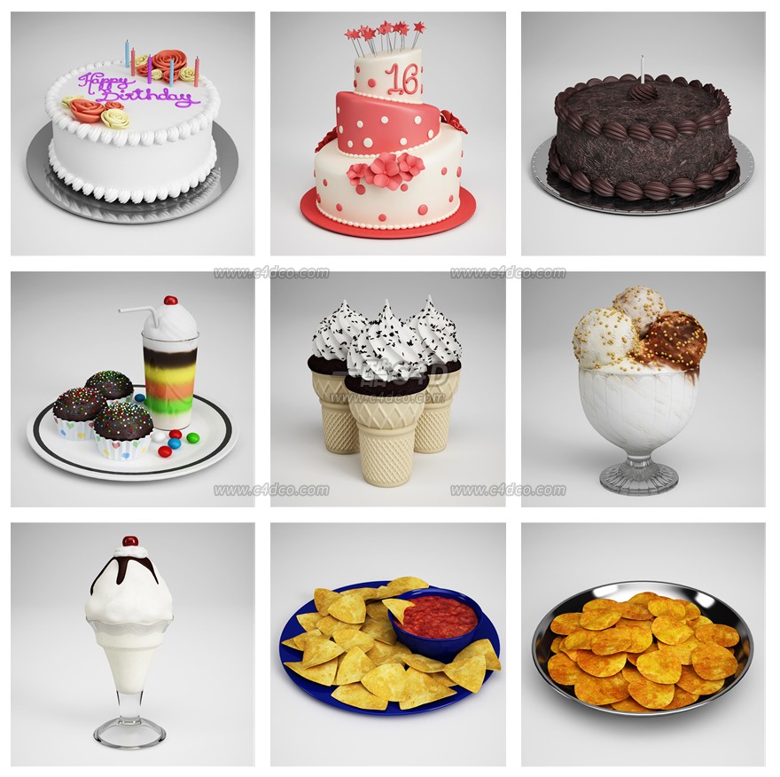 一酷C4D 节日庆祝派对装饰物拉花气球蛋糕饮料模型素材