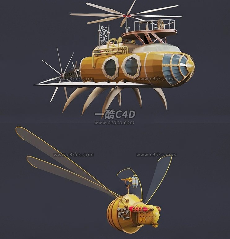 一酷C4D 卡通蒸汽朋克飞机3D模型