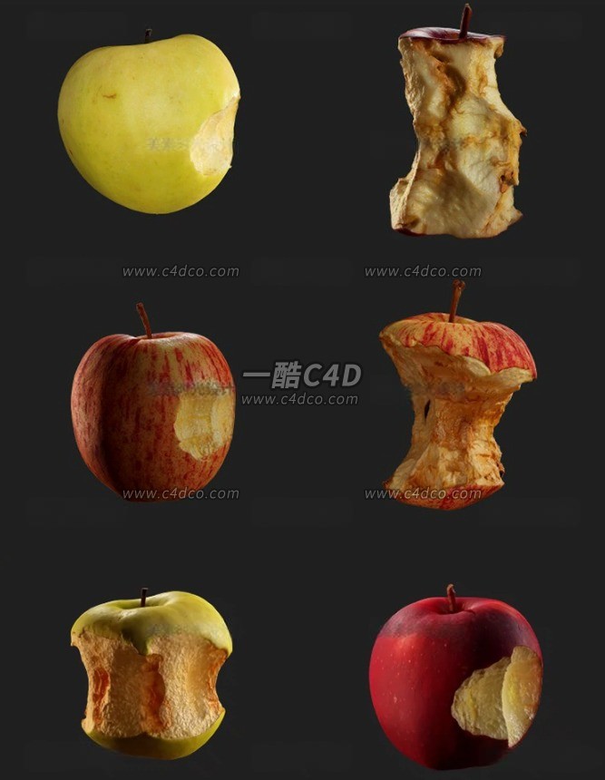 一酷C4D 6个被撕咬痕迹写实水果3D模型
