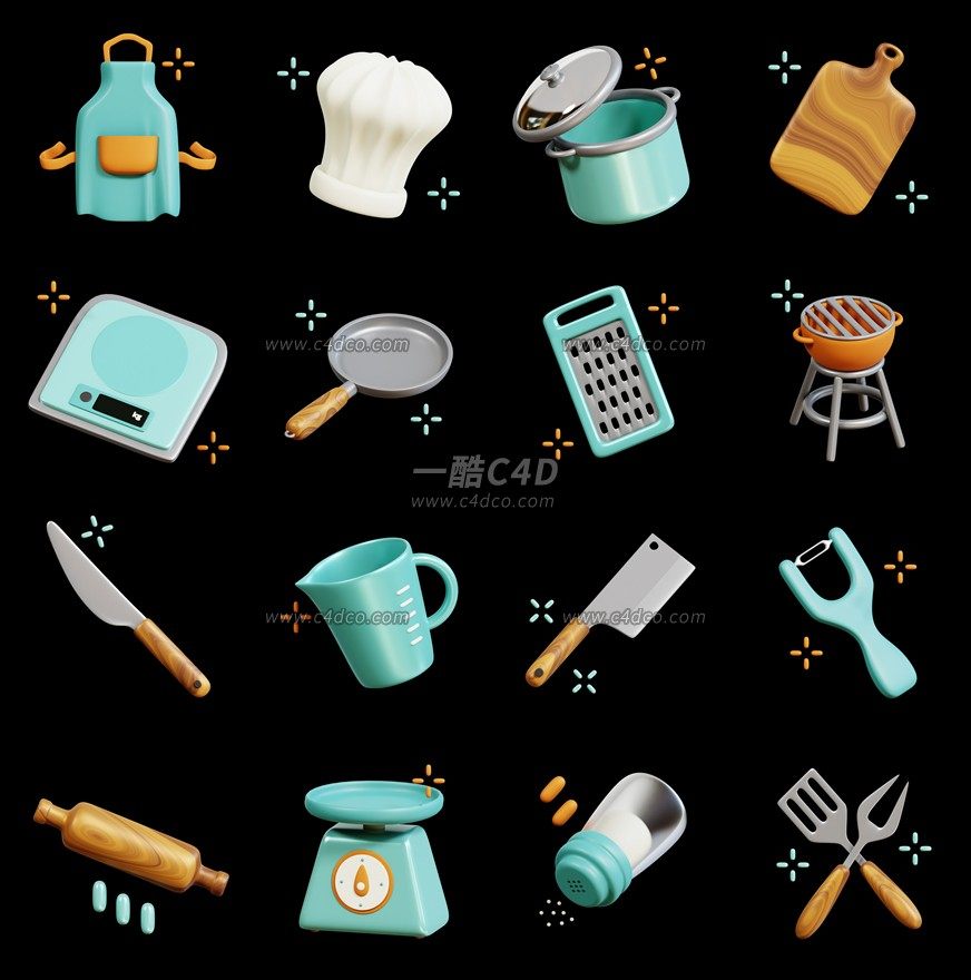 一酷C4D 20个厨具厨房用品模型素材无材质