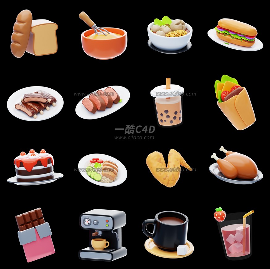 一酷C4D 卡通餐饮美食素材牛肉饮料汉堡鸡腿3D模型