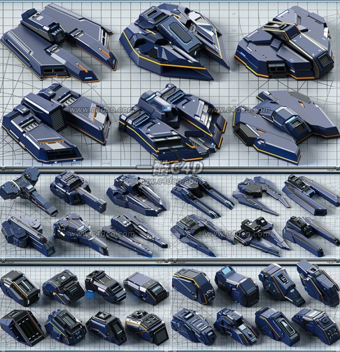 一酷C4D 科幻宇宙飞船机身组件机械零部件3D模型