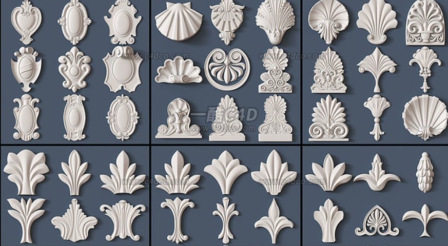 一酷C4D 218款欧式复古雕花装饰品立体3D模型