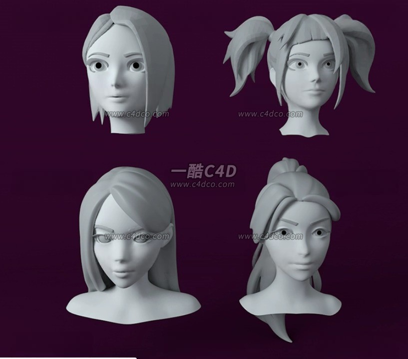 一酷C4D  卡通动漫风女生人物头部马尾长发型3D模型