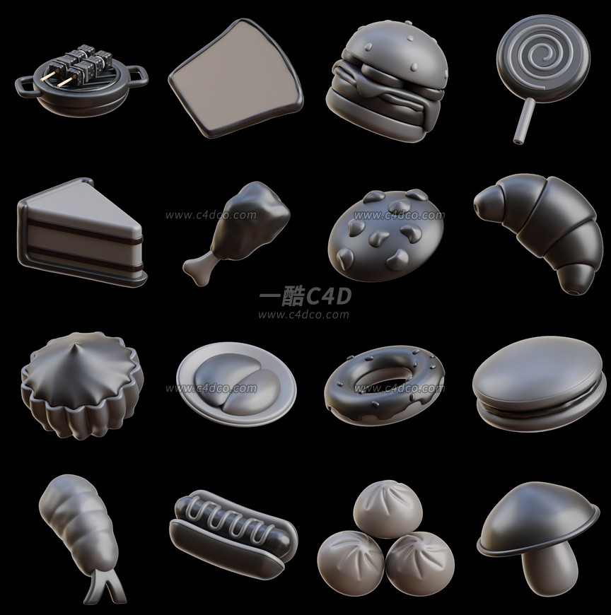 一酷C4D 卡通食物汉堡热狗包子面包3D模型素材