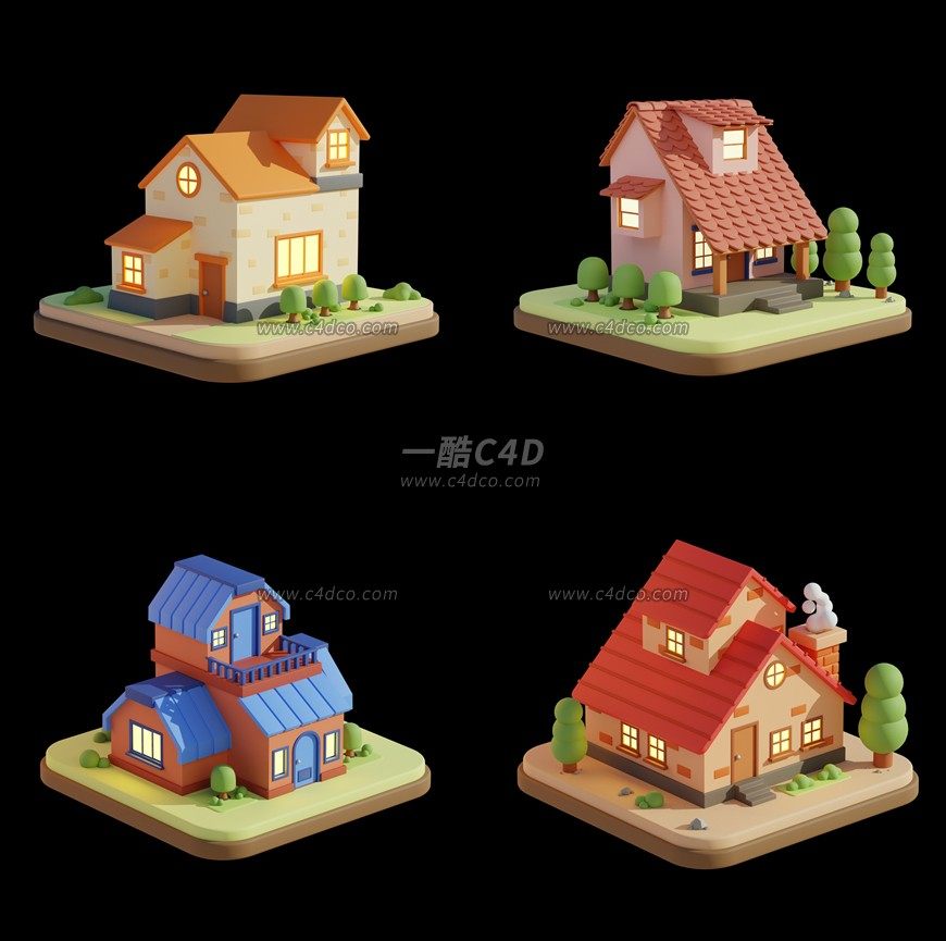 一酷C4D 卡通建筑房屋小房子3D模型