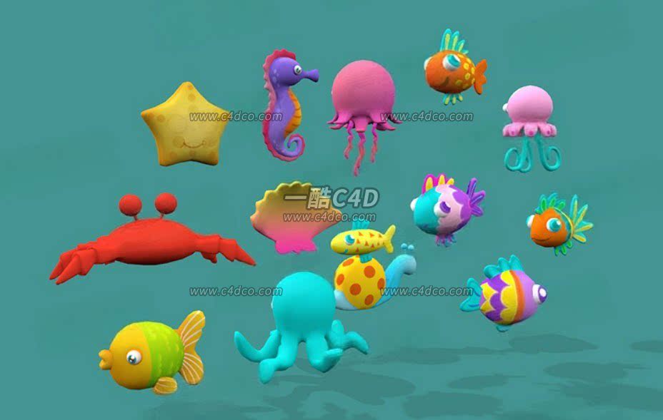 一酷C4D 卡通海洋生物章鱼螃蟹海马海星鱼类动物3D模型