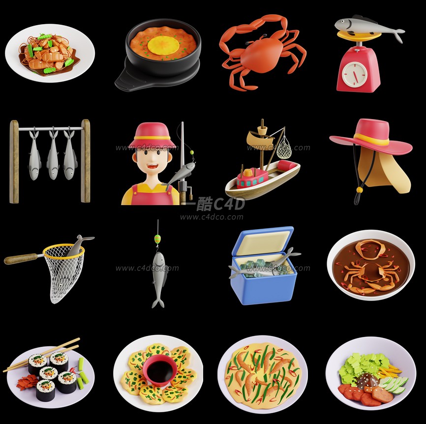 一酷C4D 卡通海鲜虾鱼类美食日式寿司3D立体图标模型