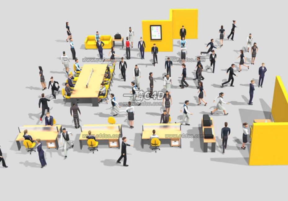 一酷C4D 低面卡通办公场景人物3D模型