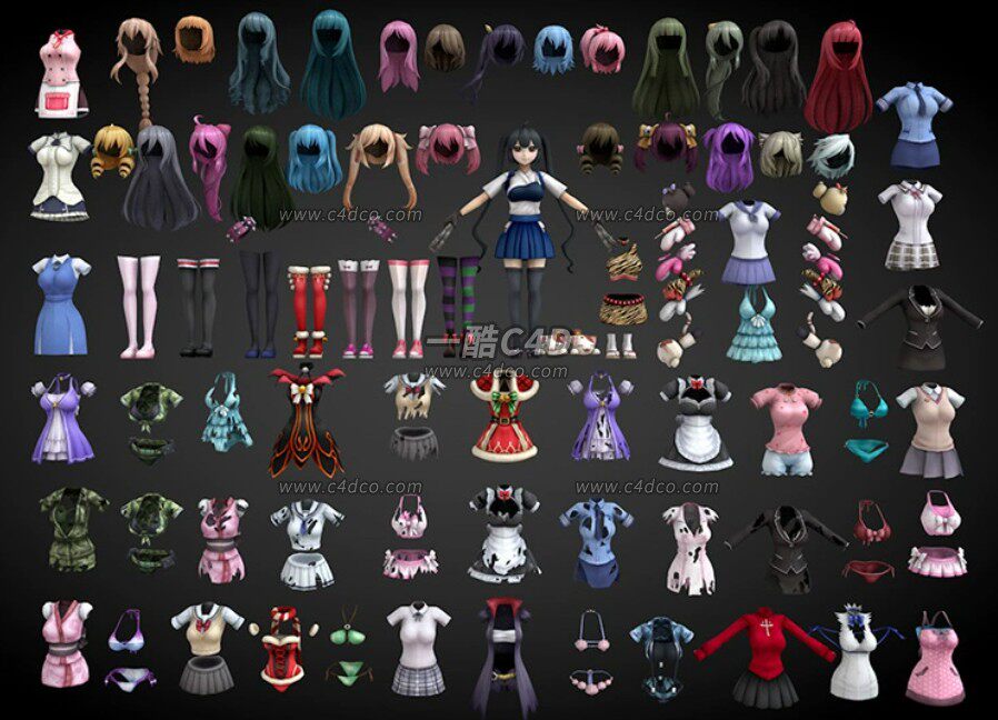 一酷C4D 卡通动漫女角色二次元发型服装3D模型