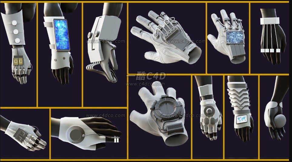 一酷C4D13个科幻高科技手套3D立体模型