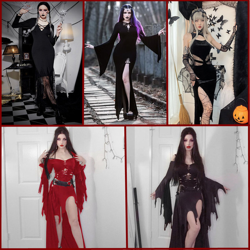 European and American Halloween Personalized Dark Vampire Slim-Fit Hip-Hugging Slit Dress Devil Queen Long Dress Performance Costume European and American Halloween Personalized Dark Vampire Slim-Fit Hip-Hugging Slit Dress Devil Queen Long Dress Performance Costume