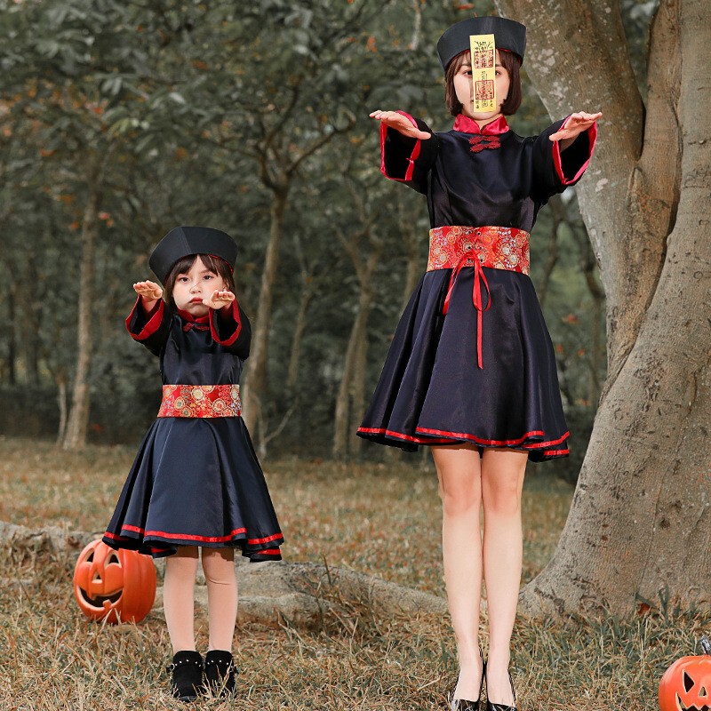 Childlike Zombie Costume, Zombie Vampire Retro Embroidery Print Halloween Stage Play Costume, Parent-Child Outfit Childlike Zombie Costume, Zombie Vampire Retro Embroidery Print Halloween Stage Play Costume, Parent-Child Outfit