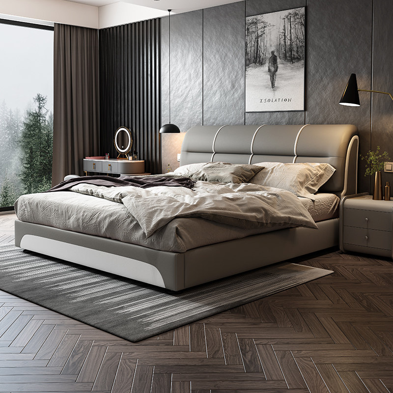 Leather bed modern and simple 2m x 2m master bedroom double bed by 2 2 solid wood storage double 2 3m wide parent-child wedding bed - Taobao