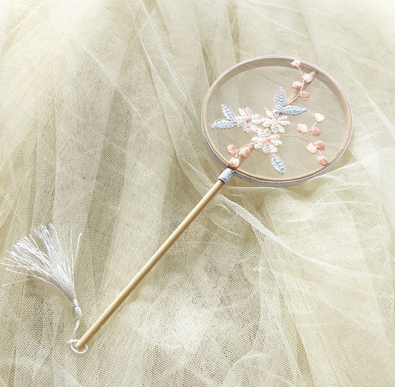 Palm Fan Small Round Fan Mini Children's Hanfu Fan Photo Accessories Fan Long Handle Fan Embroidered Red Fan